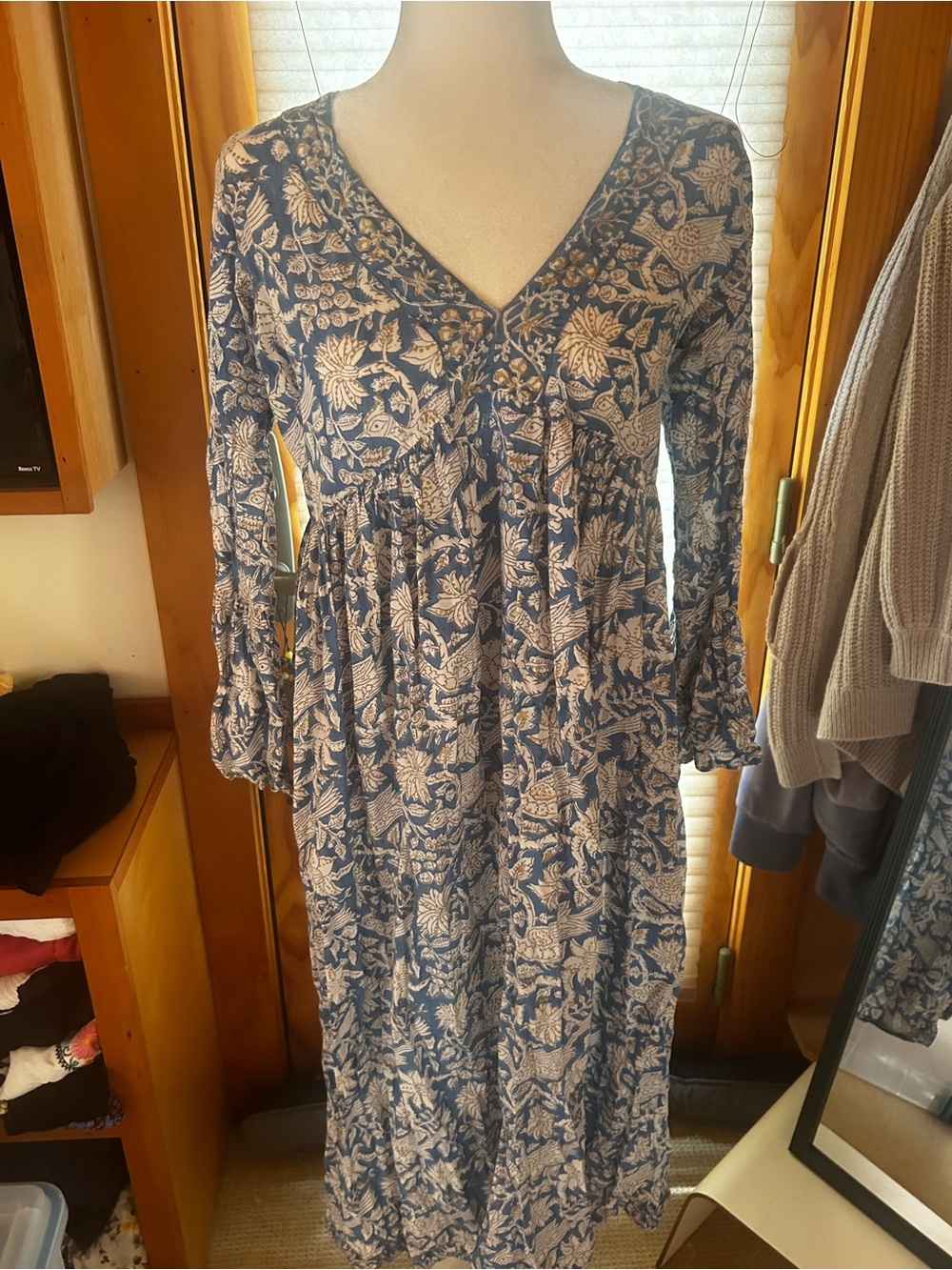 The Fox and the Mermaid Venice Floral V-Neck Midi Dress in Blue and Cream